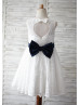 Ivory Lace Navy Blue Bow Heart Hole Back Flower Girl Dress 